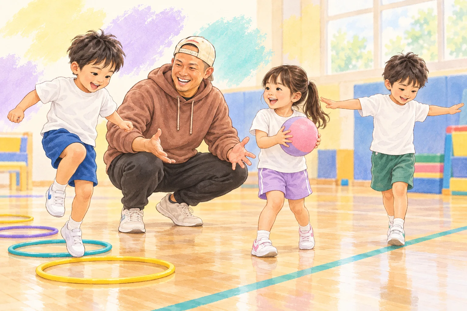 タイガー先生が幼児のジャンプ・ボール・バランス遊びを見守るイラスト