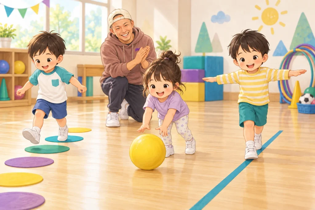 タイガー先生が幼児のボール遊び・ジャンプ・バランス遊びを拍手で応援するイラスト