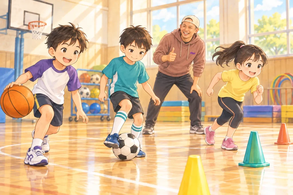 タイガー先生が子どもの運動をやさしく応援するイラスト