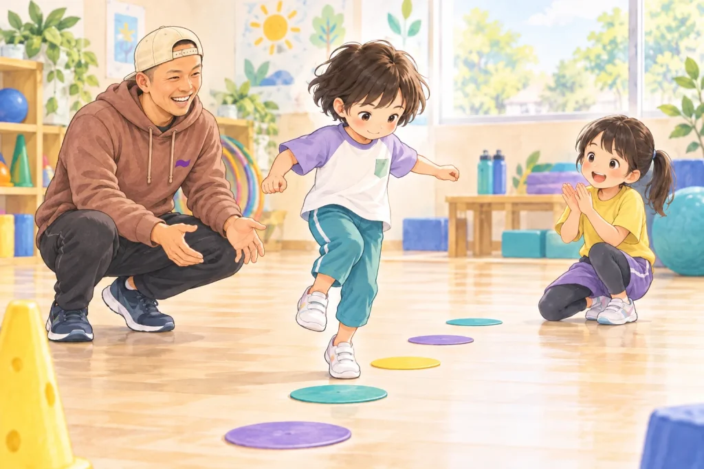 タイガー先生が子どもの運動をやさしく応援するイラスト