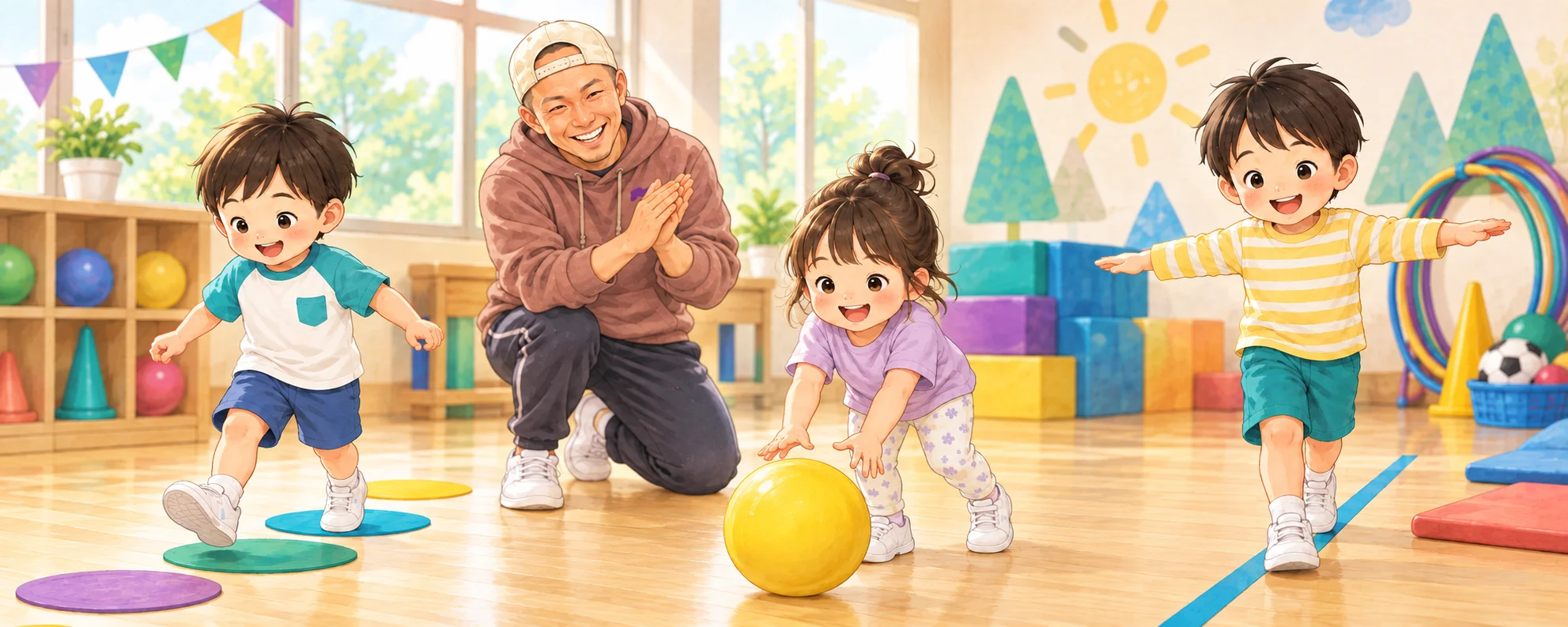 タイガー先生が子どもの運動を見守る横長イラスト