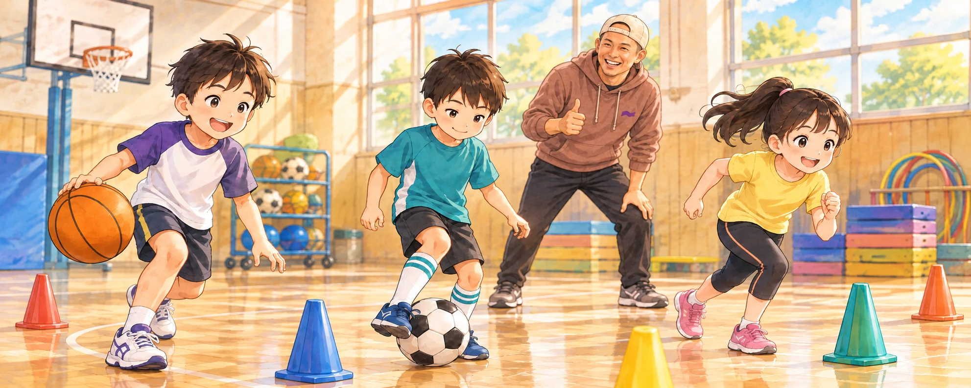 タイガー先生が子どもの運動を見守る横長イラスト