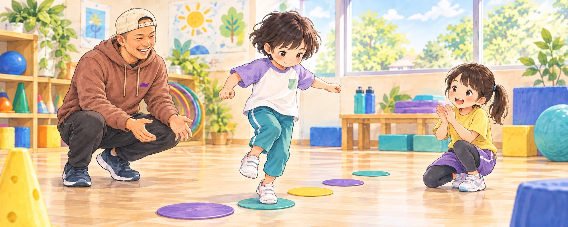 タイガー先生が子どもの運動を見守る横長イラスト